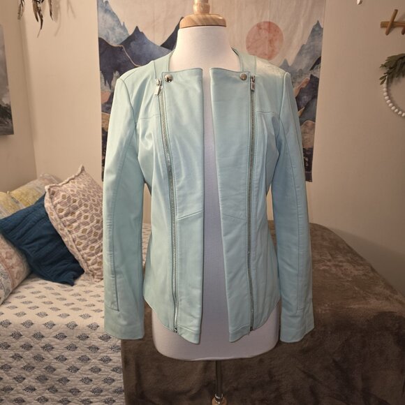 Neiman Marcus Exclusive Women’s Genuine Leather Jacket Large Aqua Mint Turquoise - Picture 9 of 16